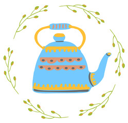 blue vintage tea pot decorated with herbal wreath isolated vector illustration