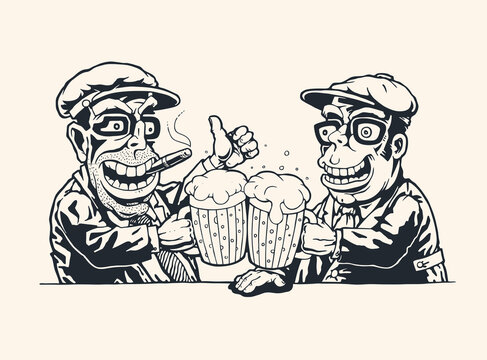 Two Joyful Men At The Bar Are Raising Mugs Of Beer.  Vector Illustration.