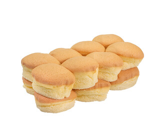 Butter sponge cake, a close up of homemade yummy small castella cake bakery isolated on white background.