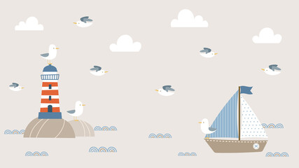 Fototapeta na wymiar Summer background design with lighthouse, sailboat, and seagulls in cartoon style. Nautical background for social media header, web banner, wallpaper, video title, and more.
