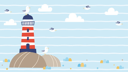 Summer background design with cartoon lighthouse and seagulls on striped background. Nautical background for social media header, web banner, wallpaper, video, invitation, and more. © Torico
