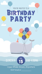 Children's birthday party invitation template with cartoon whale, sea or ocean, and balloons.
