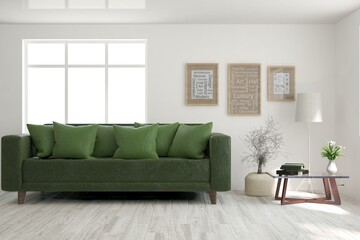 White living room with sofa. Scandinavian interior design. 3D illustration