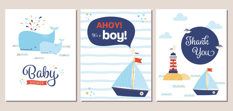 Set of nautical theme baby shower invitation and thank you cards. Summery boy baby shower invitation templates with cartoon whales, sailboat, lighthouse, and seagull.