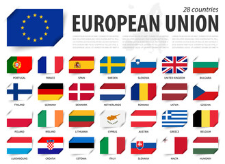 European union . EU flag and country membership . And europe map on background . Inserted paper flags design . Vector .