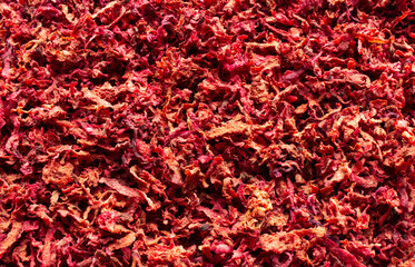 Top view of dehydrated beetroot flakes