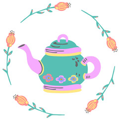 cute classic tea pot with flowers vector illustration