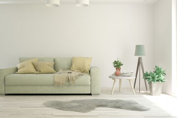 White living room with sofa. Scandinavian interior design. 3D illustration