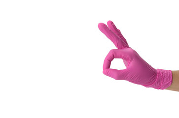 hand in pink medical glove shows ok gesture, white backgroundc