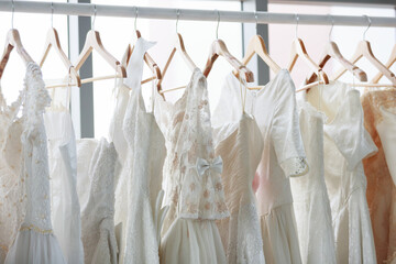 Assortment of dresses hanging on a hanger on the background studio. Many beautiful wedding dresses hang in the store. Concept Luxury bridal gowns shop.