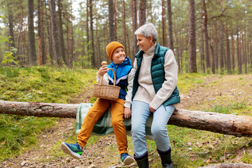 picking season, leisure and people concept - happy smiling grandmother and grandson with baskets and mushrooms in forest