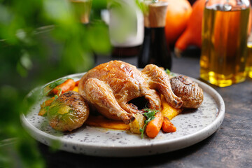 Roast duck with hasselback potatoes and vegetables.
Culinary photography. Suggestion to serve the dish.