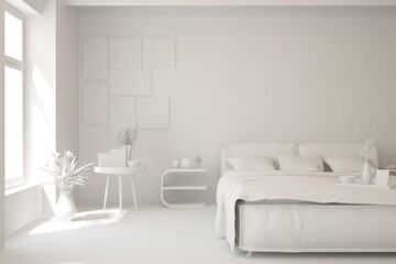 Modern bedroom in white color. Scandinavian interior design. 3D illustration