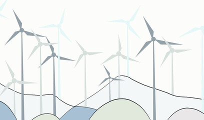  illustration of alternative energy resource with rotation windmills, wind turbines, field, mountains, trees, forest and sky. Summer landscape and windmill elements as symbol of ecological power