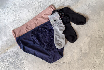 Female panties and socks with pattern close-up