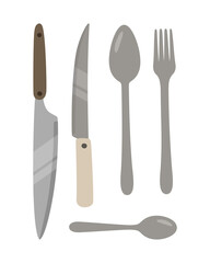 Vector illustration of cutlery, isolated on white. Knives, spoon, fork, and teaspoon. Hand-drawn set in flat style. Concept of cooking, healthy eating.