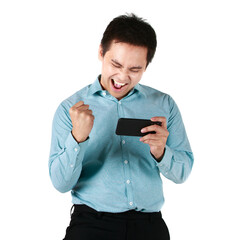 Asian man wearing shirt green holding hand smartphone playing social media internet in white background. Concept enjoyable.