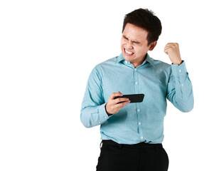 Asian man wearing shirt green holding hand smartphone playing social media internet and not showing enough to using on the phone symptoms in white background. Concept Tense serious dissatisfied.