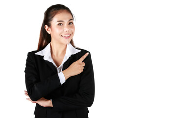 Portrait of Smiling Asian woman is beautiful standing wearing black suit. Businesswoman showing welcoming gestures in white background. Concept welcome business with white isolated.