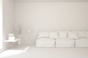 White minimalist living room with sofa. Scandinavian interior design. 3D illustration