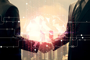 Double exposure of brain hologram and handshake of two men. Partnership in IT industry concept.