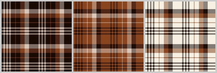 set of 3 plaid fabric seamless textures brown, black and beige checkered stipes for gingham, tablecloths, shirts, tartan, clothes, dresses, bedding, blankets, costume
