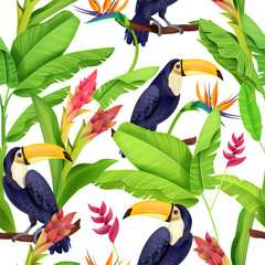 Toucan seamless pattern, vector tropical jungle texture, exotic bird, summer flower, banana leaf. Rainforest wildlife floral Amazon nature wallpaper, Brazil backdrop. Botanical paradise toucan pattern © Oleksandra