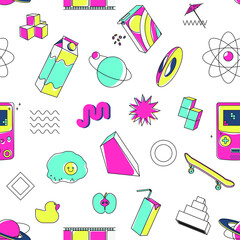 Seamless pattern of lifestyle elements bright trendy print colorful poster with geometric shapes, milk, breakfast cereal, fried egg, skateboard and apple flat vector illustrations set