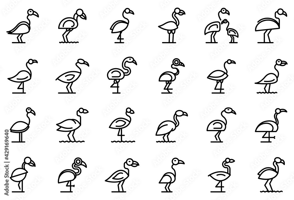 Wall mural flamingo icons set. outline set of flamingo vector icons for web design isolated on white background