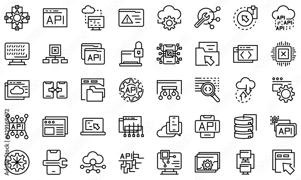 Poster api icons set. outline set of api vector icons for web design isolated on white background