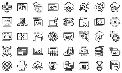 API icons set. Outline set of API vector icons for web design isolated on white background