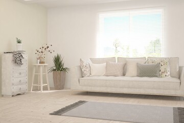 Soft color living room with sofa. Scandinavian interior design. 3D illustration