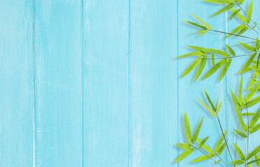 Bamboo leaves on blue wood background