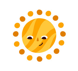 Cute happy summer sun looking down. Sunny character with funny smiling face. Drawing in Scandinavian style. Doodle weather icon. Colored flat graphic vector illustration isolated on white background.