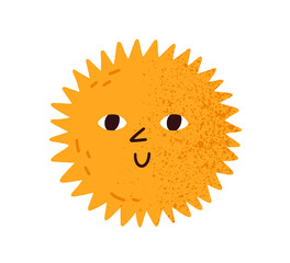 Fototapeta premium Cute happy smiling sun with eyes. Funny hot summer weather icon. Childish Scandinavian doodle textured drawing. Colored flat graphic vector illustration isolated on white background.
