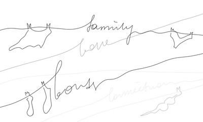Family bonds and relationships abstract representation in cartoon sketch. Clothes dry in wind on tiny ropes or threads that transform to words - love, family, bonds and connection. Connecting line.