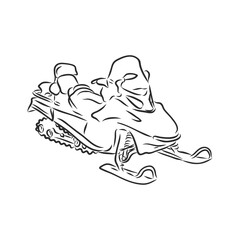 isolated illustration of a rider on a snow scooter , black and white drawing, white background snowmobile vector sketch on white background