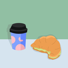 Paper cup with lid and ornament, croissant with matcha. Morning snack, breakfast concept. Vector illustration. 