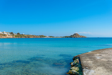Greece Mykonos island in Cyclades panoramic of a sandy beach view