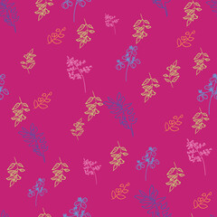 Vector purple pink background herbs, leaf, flowers and plants texture seamless pattern. Seamless pattern background