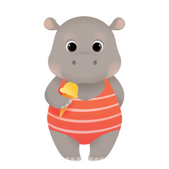 Cute summer animal character, hippo in swimsuit with ice cream