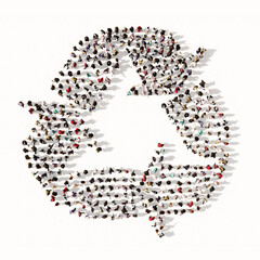 Concept conceptual large community of people forming therecycle sign. 3d illustration metaphor for recycling, waste reduction, conservation and protection of the environment