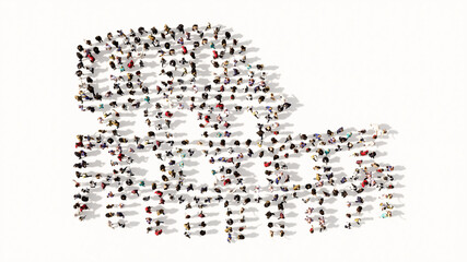 Concept conceptual large community of people forming the  colloseum icon. 3d illustration metaphor for travel, history and culture, tourism and vacation