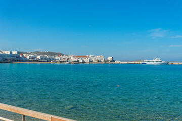 Greece Mykonos island in Cyclades panoramic of a sandy beach view