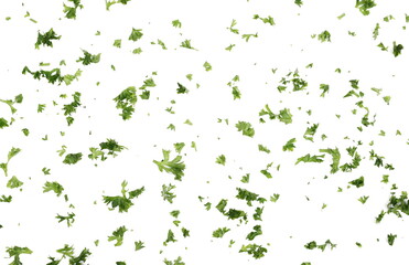 Fresh green sliced French parsley leaves isolated on white background, top view - obrazy, fototapety, plakaty