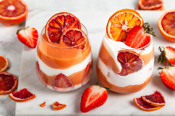 Layered trifle dessert with blood oranges cream Kurd, greek yogurt, Savoyardi cookies, orange chips and strawberry in serving glasses.