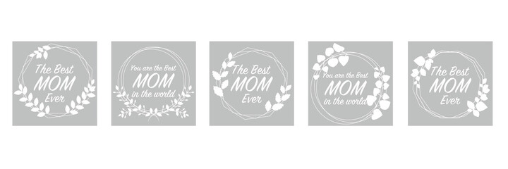 Collection of Mother's day wreath with texts. Natural leaves decoration frame for Mother's day design. Vector illustration. 母の日デコレーションフレームコレクション