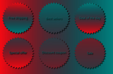 A set of stickers for the website and social networks, on the topic of online sales, smm with the words free shipping, best sellers, deal of the day, special offer, discount coupon, sale