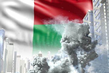 large smoke column in abstract city - concept of industrial disaster or terrorist act on Madagascar flag background, industrial 3D illustration