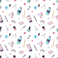 Seamless pattern with a bottle of nail polish and manicure tools. Cute print for beauty salon and fashion master. Hand health care. Vector flat illustration.